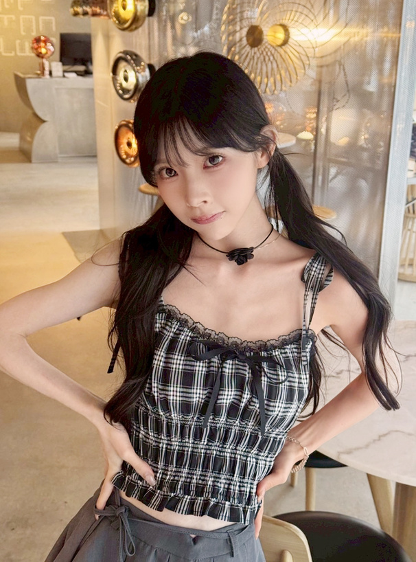 チェック柄リボンストラップシャーリングキャミソール[tg878