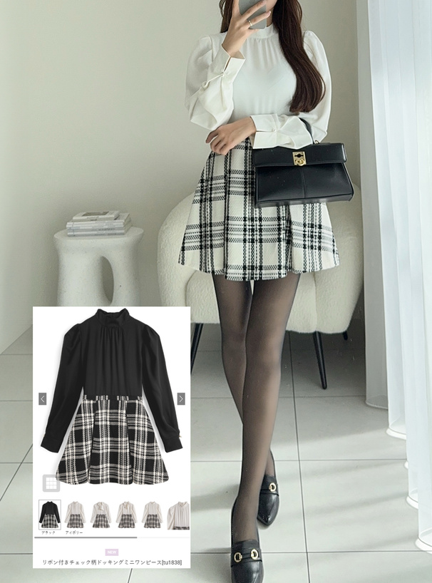 リボン付きチェック柄ドッキングミニワンピース[tu1838] | レディース