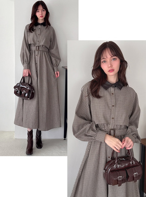 ベルト付きレザー襟チェック柄ワンピース[cc116] | レディース