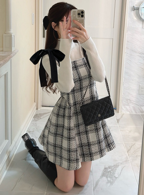 ツイードチェックショルダーリボンミニワンピース[tu1417