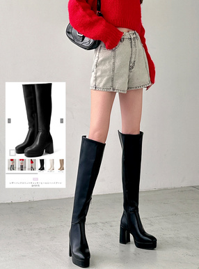 レザーバックスリットチャンキーヒールニーハイブーツ[zr1017