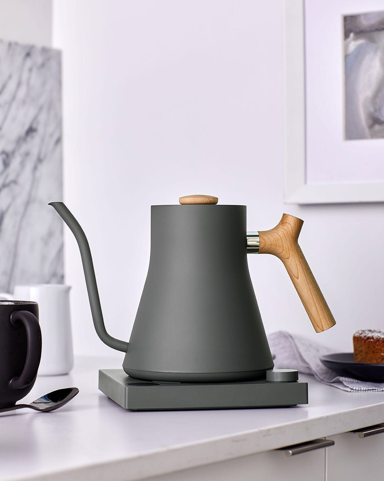 Fellow Stagg EKG Matte White Electric Tea Kettle with Walnut