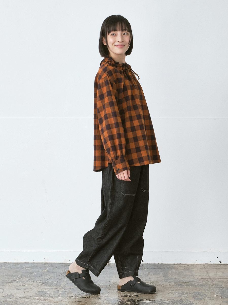 襟フリル＆リボンブラウス 綿ブロックチェック | シャツBLナガソデ