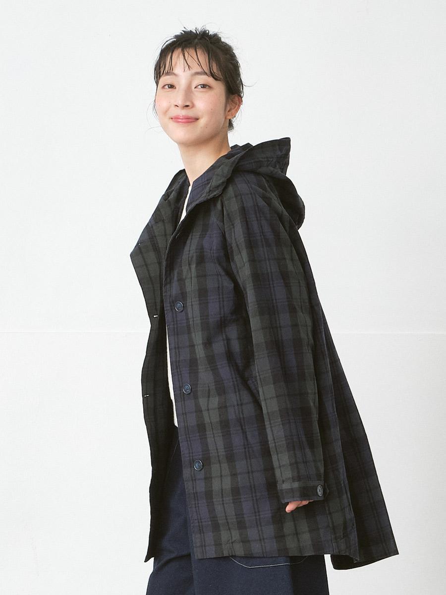 フードつきミドル丈コート コットンブラックウォッチ柄 | コート