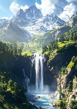 Mountain Waterfall Landscape' Poster, picture, metal print, paint