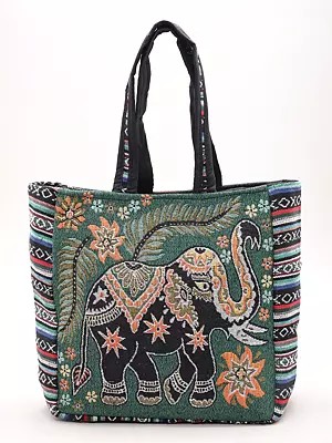Red Elephant Motif Cotton Tote Bag - Handcrafted Zipper Closure