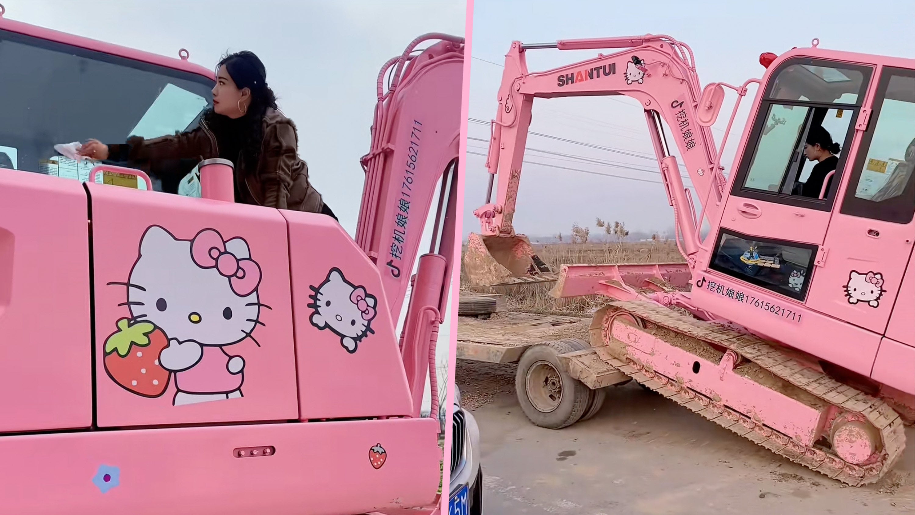 China excavator driver paints digger in pink Hello Kitty style 'to