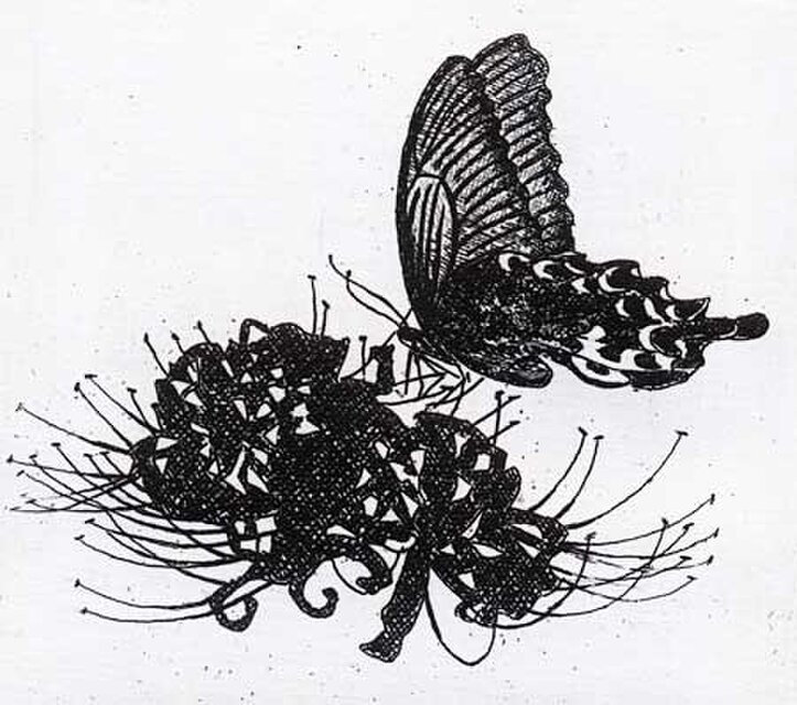 蝶と曼珠沙華/ 銅版画（額あり・ホワイト） | iichi 日々の暮らしを