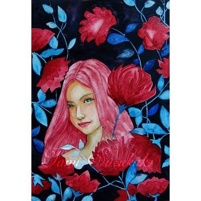 水彩・原画「美人画・情熱の花」 | iichi 日々の暮らしを心地よくする