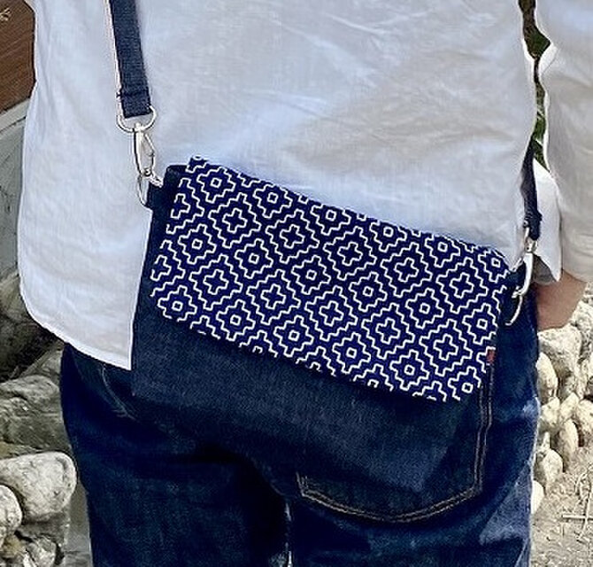 藍染め刺し子と岡山デニムのバイカラー2wayミニショルダーバッグ