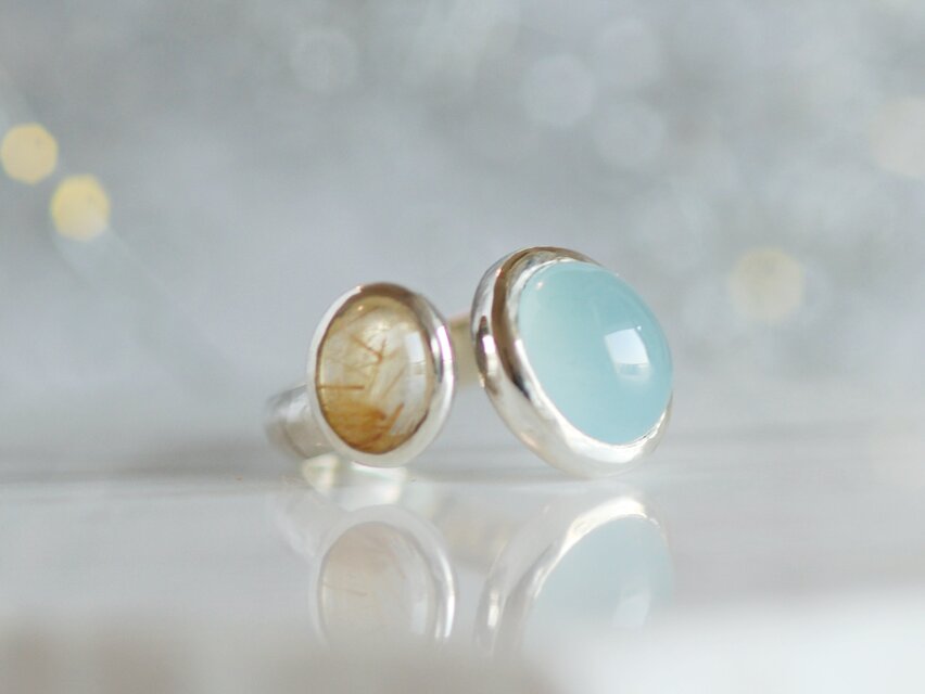 ミルキーアクアマリン＆ルチルクォーツ ダブルストーンリング 【受注