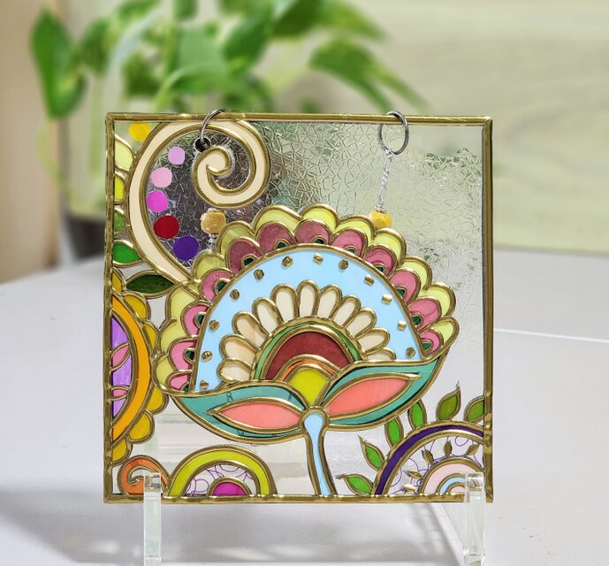 花唐草Gold_C』窓辺サンキャッチャー 卓上ガラスアートパネル | iichi