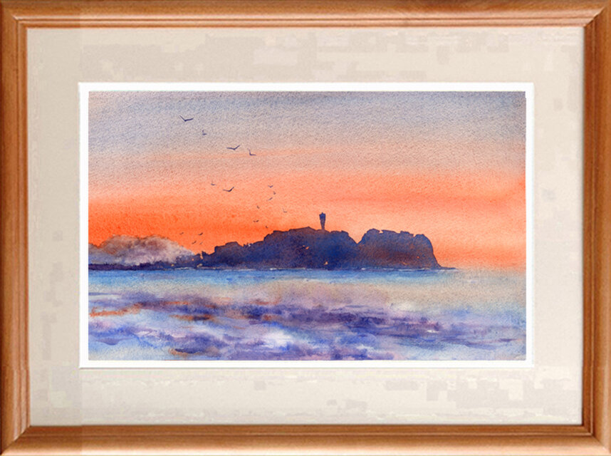 水彩画原画 朝焼け江の島 ＃603 | iichi 日々の暮らしを心地よくする