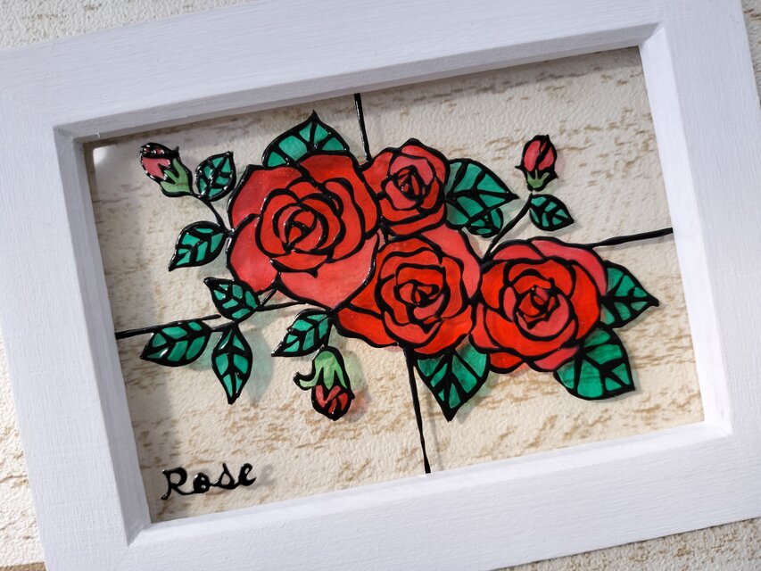 送料無料*ステンドグラス風フレーム*おふんわり薔薇・縦横飾れる