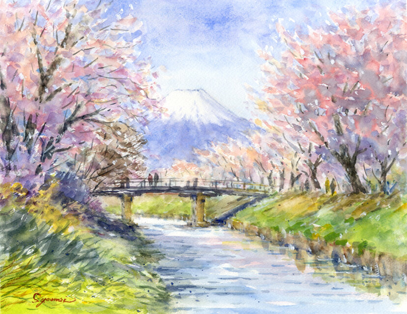 注文制作します 水彩画原画 富士山と桜・忍野村 ＃492 | iichi 日々の