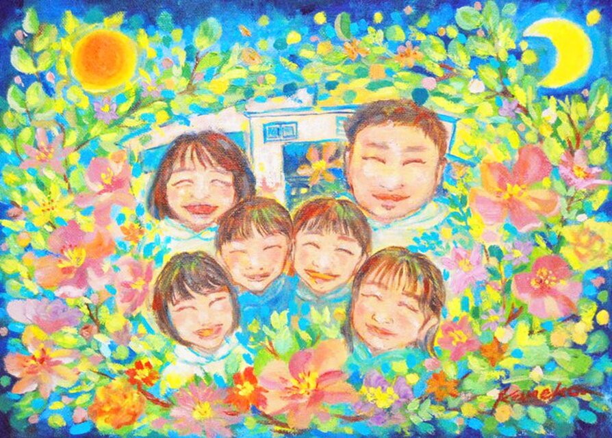 いつまでも家族仲良く過ごせますように」家族の肖像 似顔絵 油彩画 F4