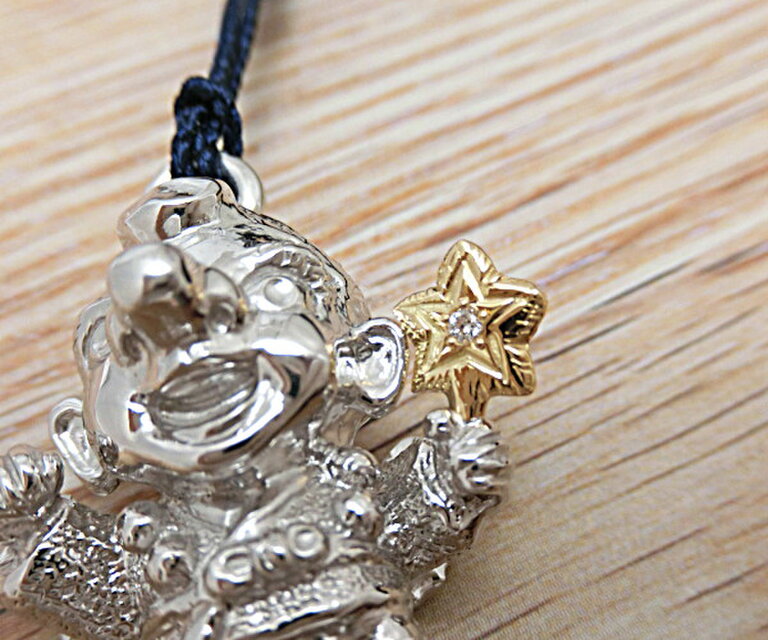 子天狗の根付 銀製【天然ダイヤモンド入り】・羽根うちわ（純金仕上