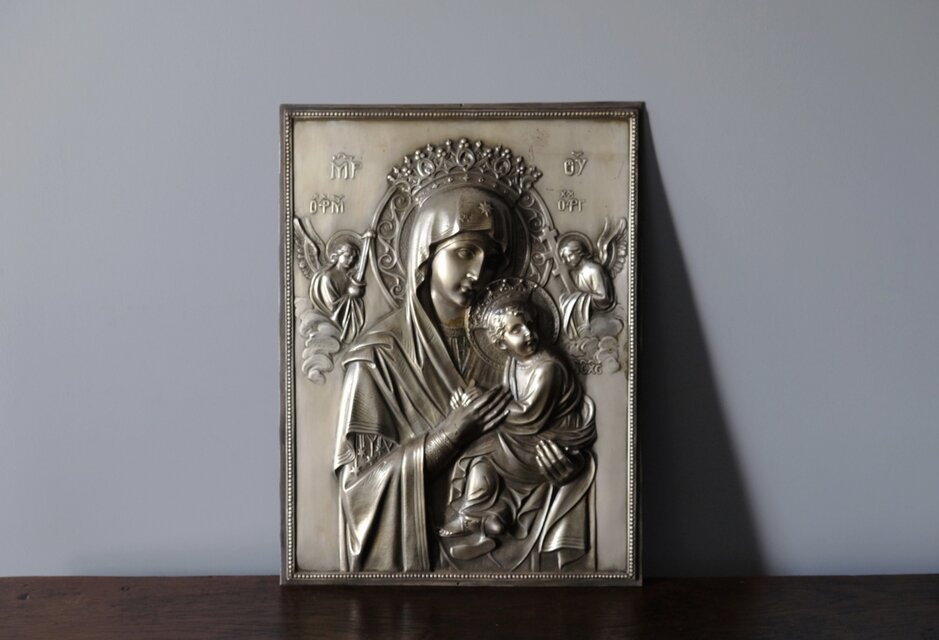 スペイン イコン レリーフ 聖母子像 聖像画 画像 宗教画 アンティーク