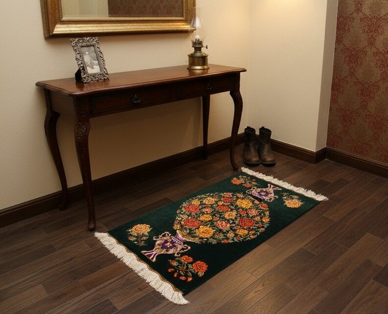 ペルシャ絨毯 イラン産 クム タバタバイ工房 73x45cm バラ 花柄