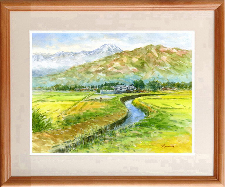 水彩画原画 常念岳と安曇野田園 ＃606 | iichi 日々の暮らしを心地よく
