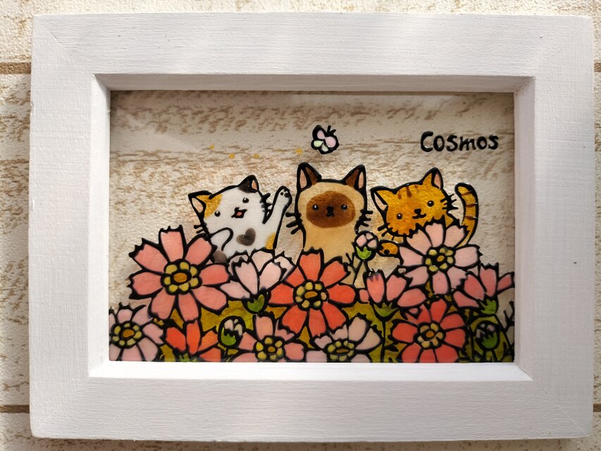 送料無料*ステンドグラス風*猫とコスモス畑・ハンドメイド♪ | iichi