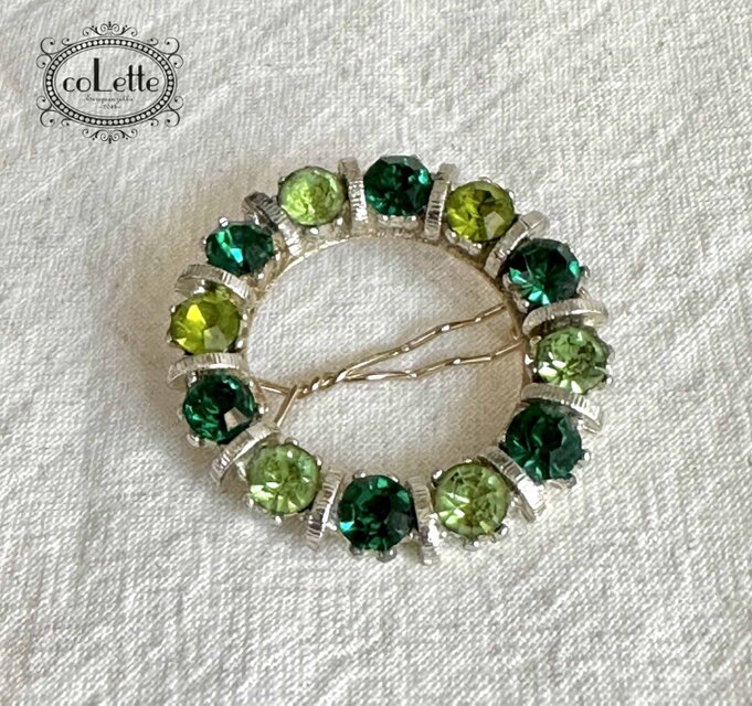 ヴィンテージブローチヘアピン／グリーンクリスタルブローチ（VBHP-001