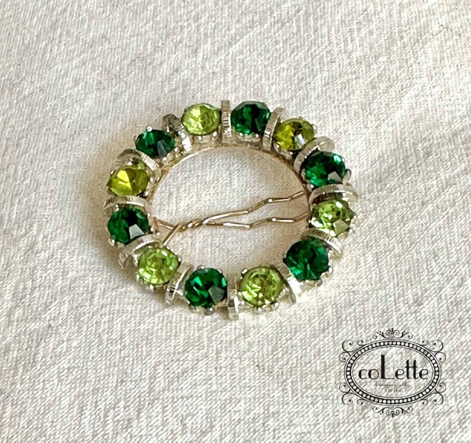 ヴィンテージブローチヘアピン／グリーンクリスタルブローチ（VBHP-001