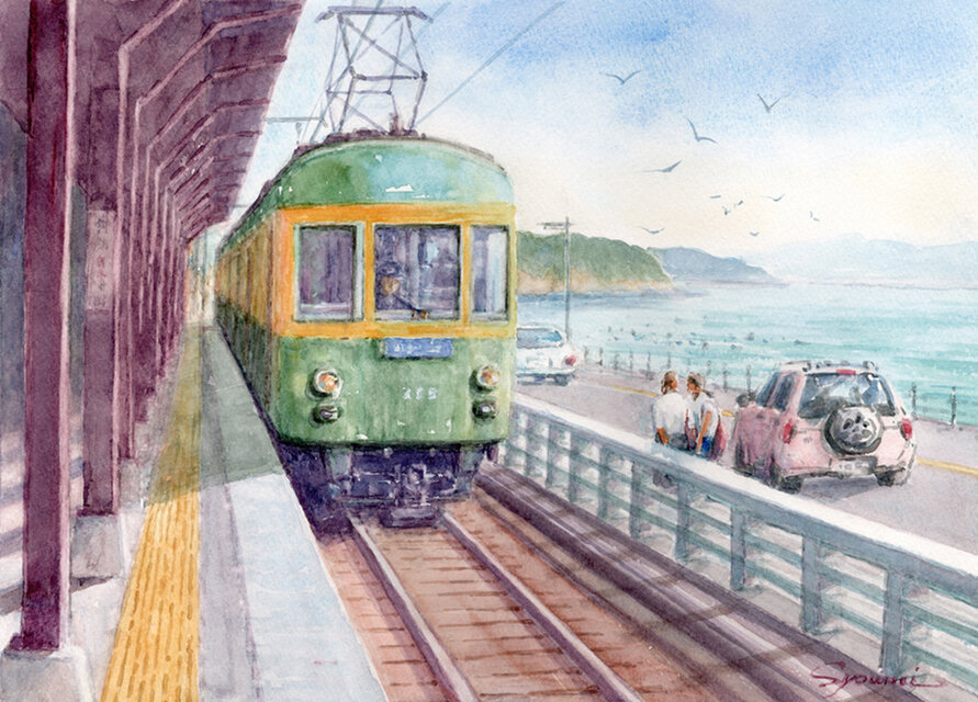 透明水彩画原画風景画未来鎌倉縁結び葛原岡神社 透明水彩画原画風景画