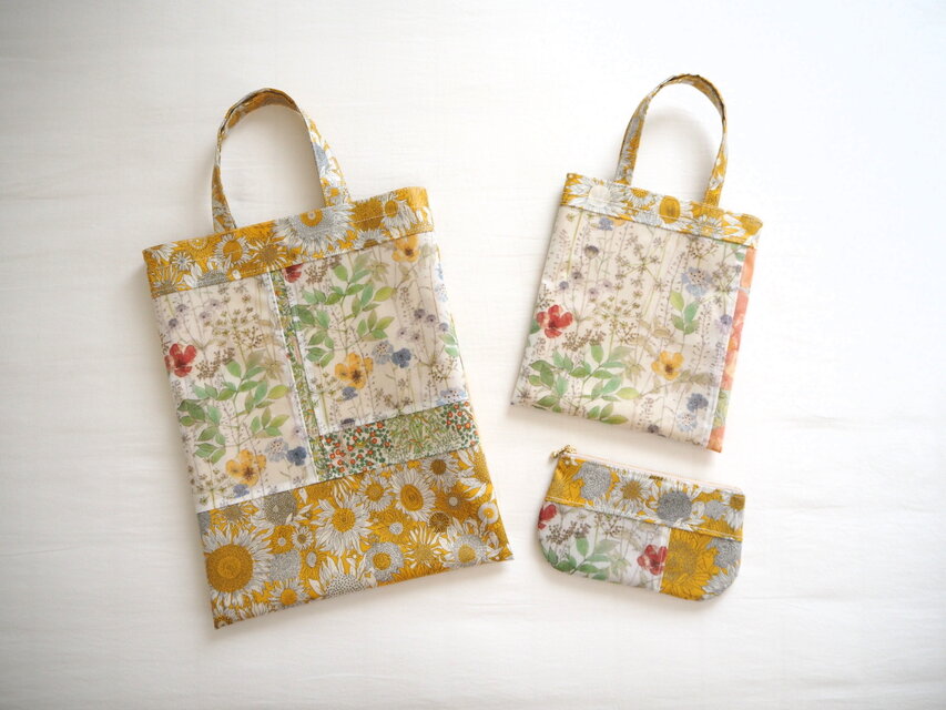 リバティ ラミネートA4縦長パッチワークバッグ イエロー系 | iichi