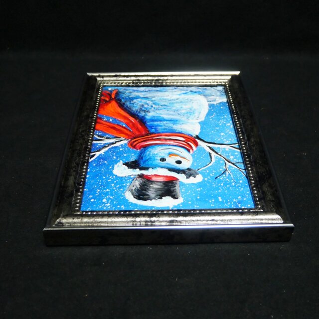 油絵 ミニ絵画【赤いマフラーの雪だるま】 | iichi 日々の暮らしを