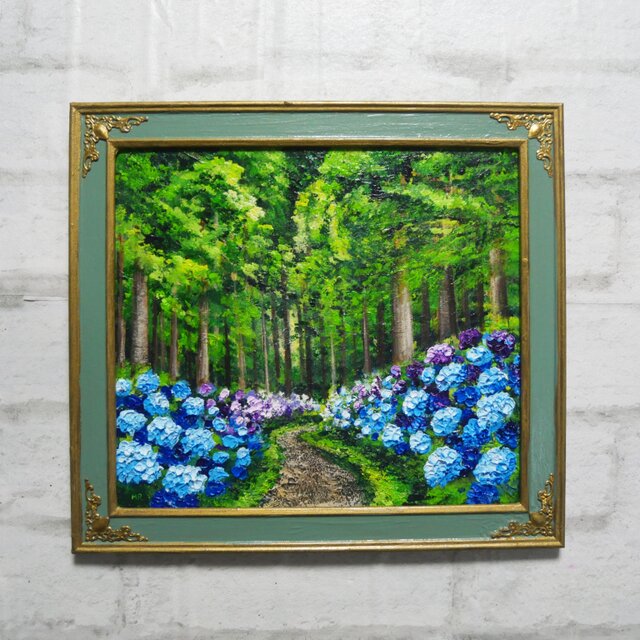 油絵【梅雨の紫陽花の道】 | iichi 日々の暮らしを心地よくする