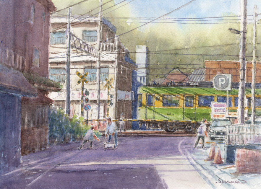 水彩画 河のある風景 2022年 フレーム付き 原画 水彩画 河のある風景