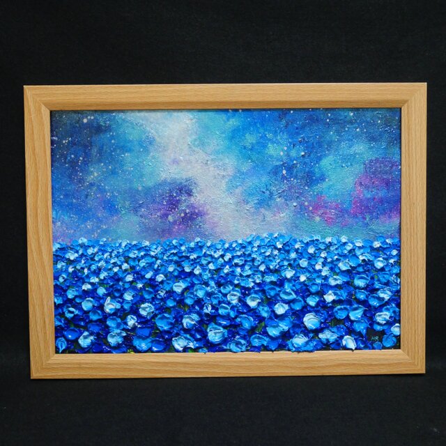 油絵 油彩 油彩画 絵 絵画【ネモフィラの田んぼに輝く天の川】 | iichi