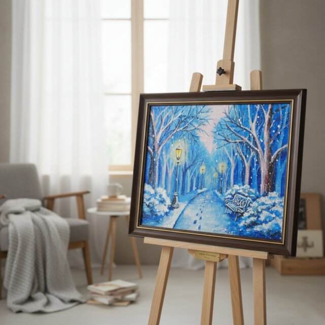 油絵 原画 雪景色 冬景色 幻想的 青 絵画 F3「雪降る幻想」 | iichi