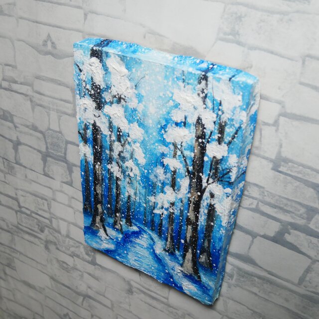 油絵 原画 油彩画 絵画 「白銀の森の小道」 冬 景色 風景画 インテリア