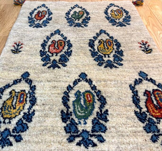 ペルシャ ギャッベ 玄関マット 88×65㎝ ベージュ 鳥 花輪 RJ13704G
