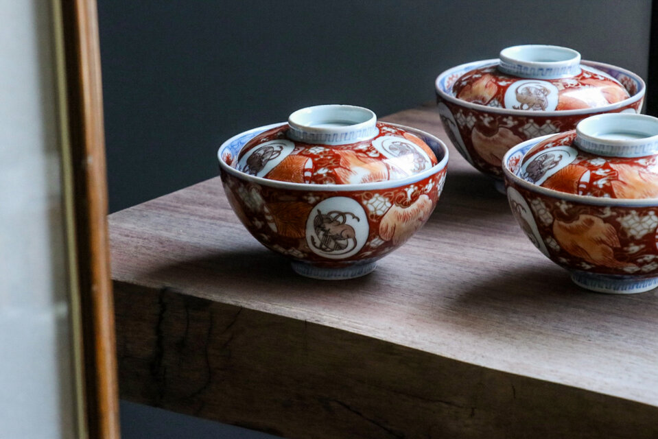 古伊万里 錦絵 金彩 蓋付き茶碗 飯茶碗 茶碗 2客 鳳凰 アンティーク