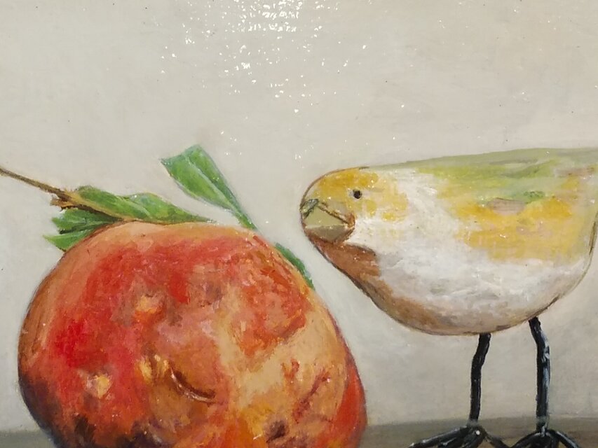 油絵「柘榴と木彫りの小鳥」 | iichi 日々の暮らしを心地よくする
