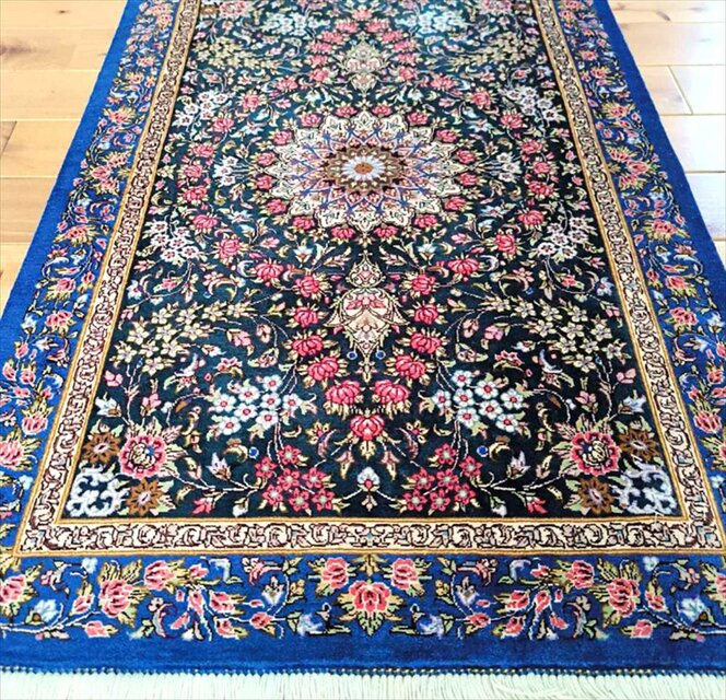 ペルシャ絨毯クム産シルク アーダヴィ工房 玄関マット 89x59㎝ ブルー