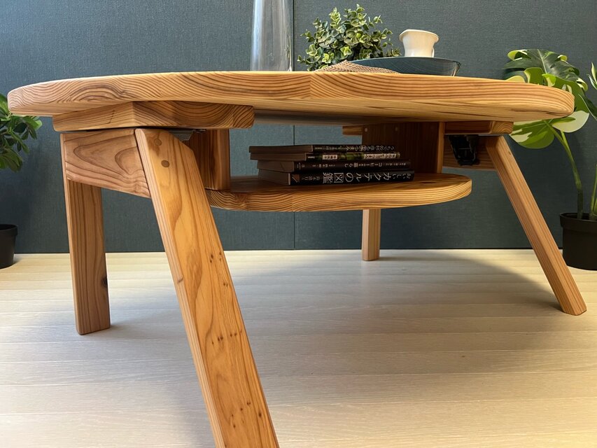 送料無料】 ローテーブル 半円 収納付き90cm 60cm 杉 折り畳み脚