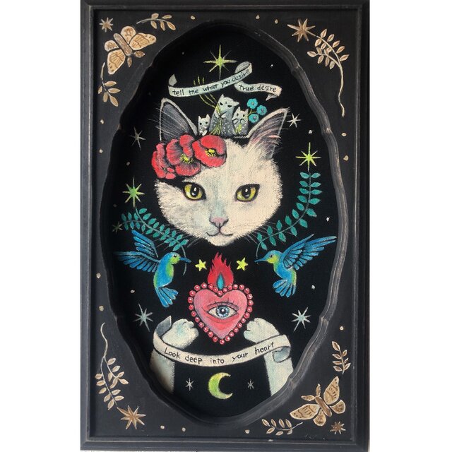 真実の白猫」額付 アート作品 原画 徳島洋子作品 アクリル画 猫