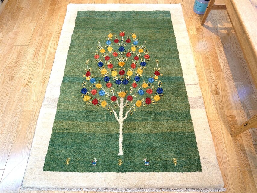 ペルシャ ギャッベ リビング 168x120㎝ ザクロの木 緑色 アイボリー