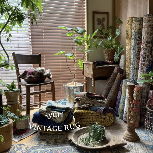 トルコヴィンテージラグ 44.5×92 くすみ艶ブルー ブラウン メダリオン