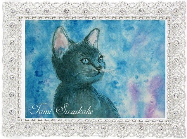 原画#3967 黒猫 星空 ベネチア 水彩画 ドローイング インテリア 絵画