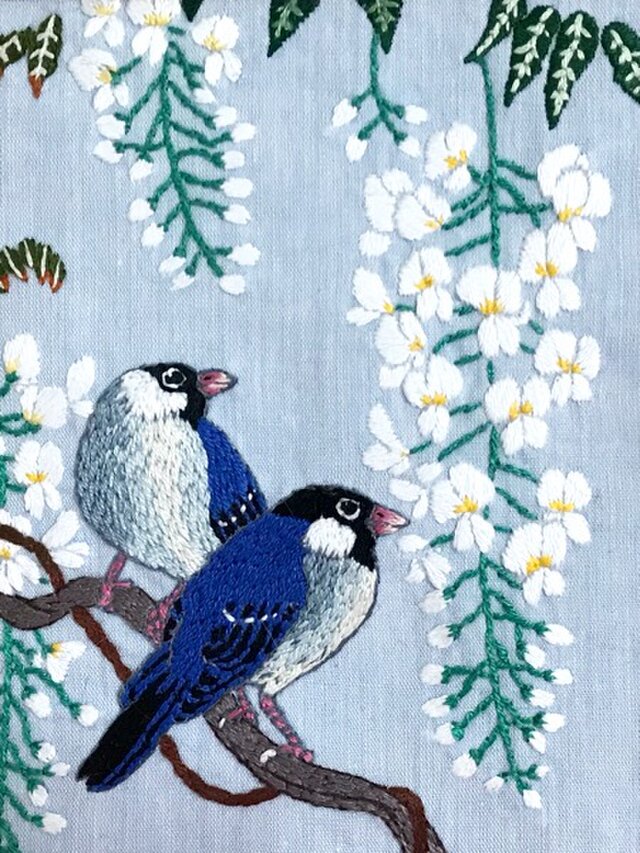 手刺繍浮世絵フレーム＊小原古邨「藤に文鳥」 | iichi 日々の暮らしを