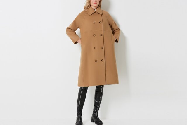 カシミヤ混素材 ダブルフェイス レトロ風ダブルボタン ゆったりロング