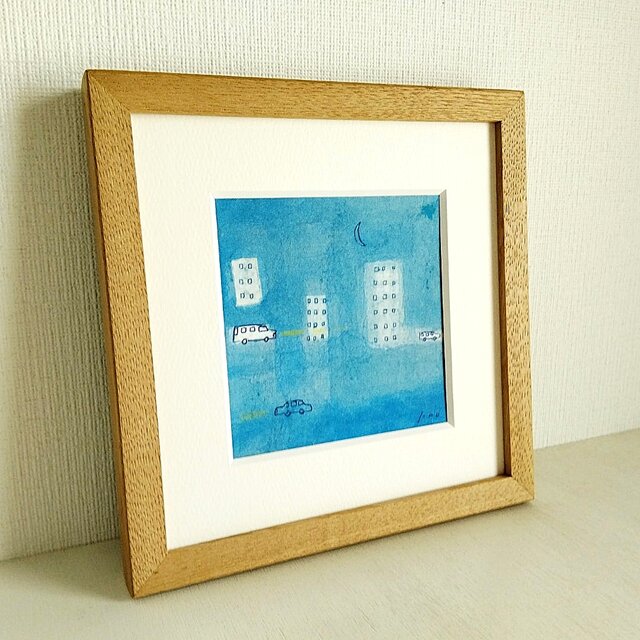 都会の夜」原画 ※木製額縁入り（18㎝角）一点物 水彩 イラスト