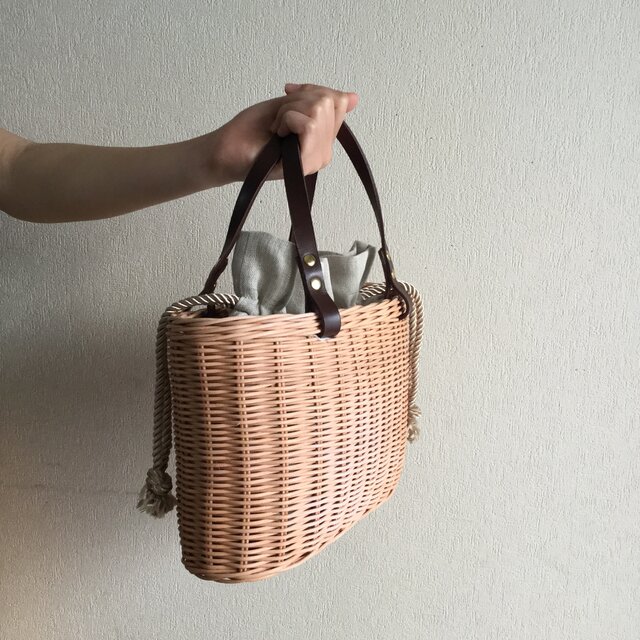 オーダー】手編みの籐かごバッグ/Megg Bag panier/麻／ベージュ／かご