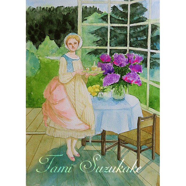 水彩画・原画「午後のティータイム」 | iichi 日々の暮らしを心地よく