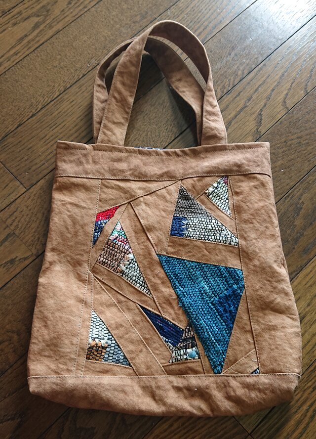 11号帆布柿渋染め(銅媒染)/裂織りパッチワークミニトートバック